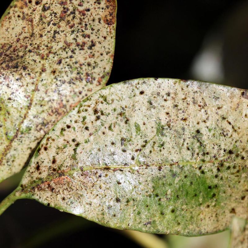 Close-up of two leaves covered in black spots caused by sooty mold, revealing garden terrors and plant disease or pest infestation.