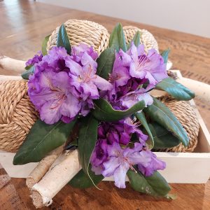 A wooden tray from Rhodo Direct holds purple flowers, green leaves, woven balls, and birch branches on a wooden table.