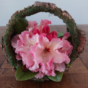 A woven basket with a handle, filled with pink flowers and green leaves from Rhodo Direct, sits elegantly on a wooden surface.