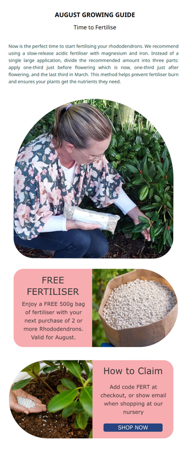 A person applying fertilizer to plants; the offer includes free fertilizer with the purchase of two rhododendrons. Check out our June Growing Guide for tips and enjoy this deal, valid for August.