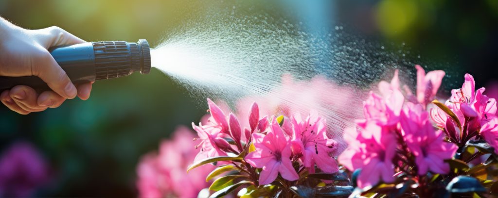 A hand expertly holds a hose, mastering the art of watering vibrant pink flowers in a sunlit garden.