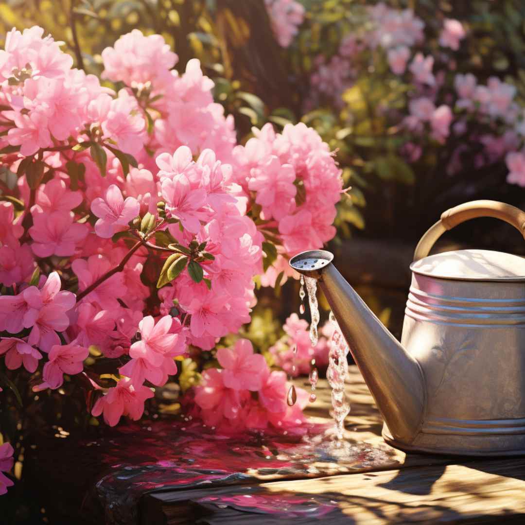 A watering can subtly drips water on a wooden surface, mastering the art of watering your garden. It's surrounded by vibrant pink azalea flowers in the sunlit garden.