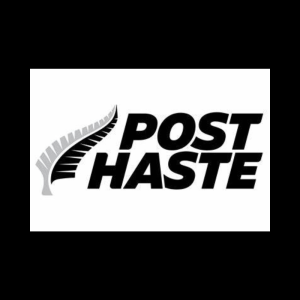 Logo of "Post Haste" featuring the text alongside a stylized silver fern frond, hinting at exciting changes in 2025.