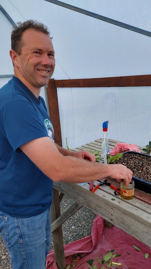 A man stands at a wooden table in a greenhouse, smiling while working on plant cutting projects with a jar of liquid. Gardening tools and soil trays are visible on the table.