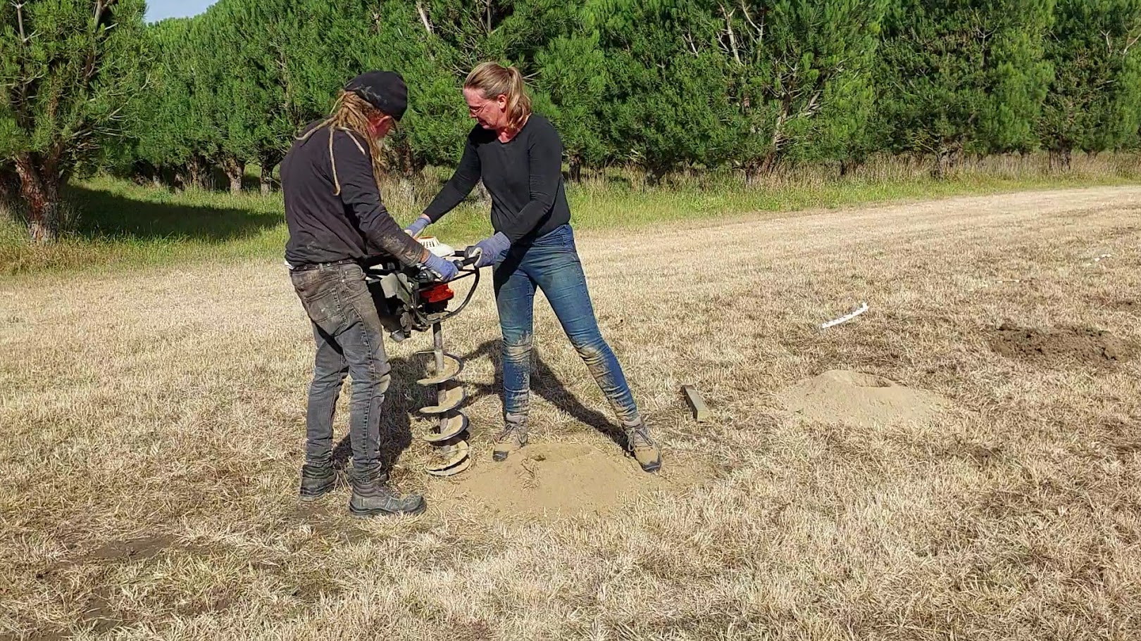 Two people use a power auger to drill a hole in dry grass on a sunny day, working on outdoor projects with trees in the background.
