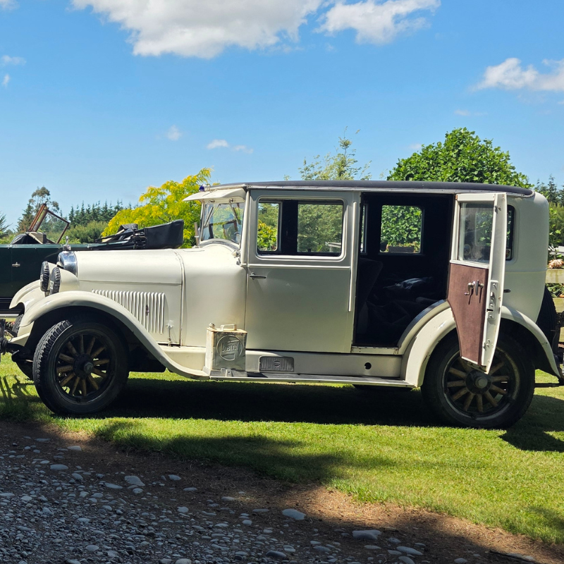 A vintage white car with its rear passenger door open is parked on grass under a partly cloudy sky, surrounded by trees and greenery, adding a colourful touch much like the blooms at RhodoDirect.