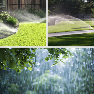 Three images show water spraying onto grass: two with garden irrigation using lawn sprinklers, and one with rainwater falling through tree branches onto a lawn.