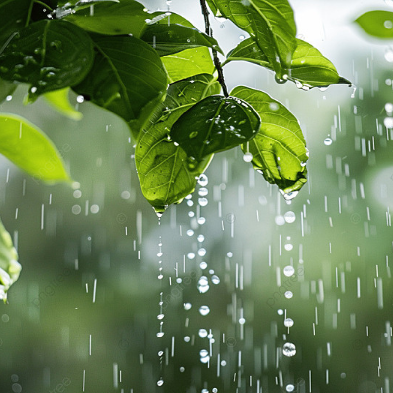 Green leaves on a tree branch with raindrops falling and rainwater droplets clinging to the leaves, set against a blurred natural background.