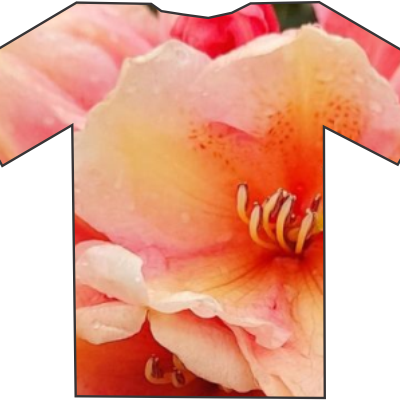 A t-shirt showcasing a close-up design of pink and orange flowers with visible stamens, perfect for adding a touch of nature's beauty straight from Rhodo Direct.