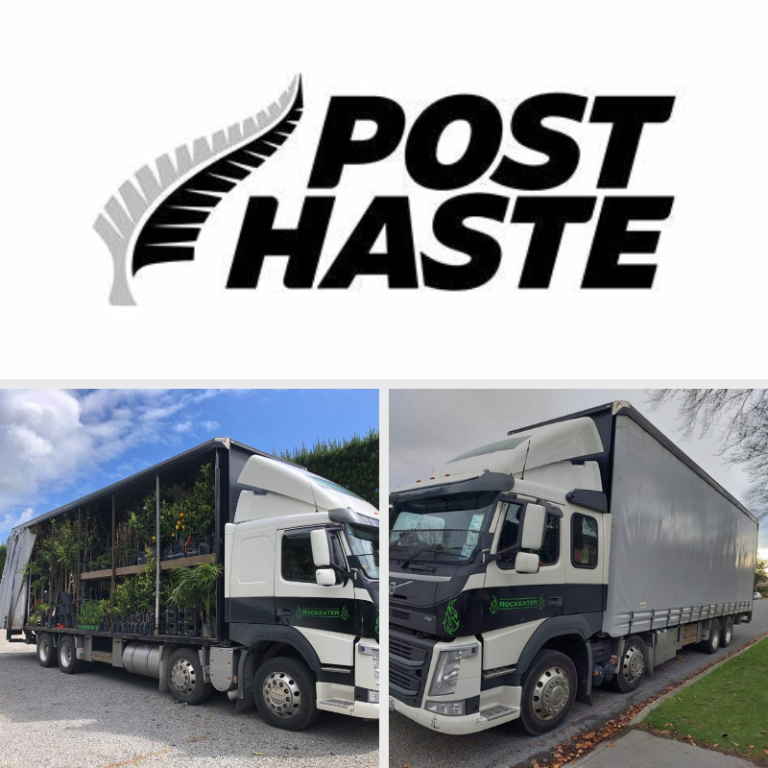 A dynamic collage displays the Post Haste logo alongside two delivery trucks, capturing an era of exciting changes. One truck, adorned with a tarp cover, reveals vibrant plants inside, while the other remains fully covered, showcasing a glimpse into innovations set for 2025.