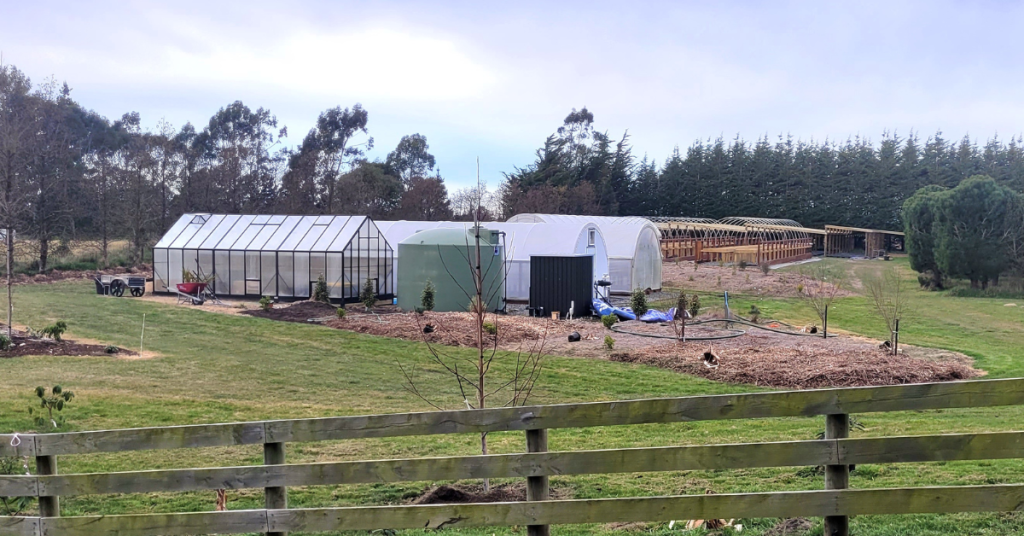 A fenced rural property with greenhouses, a shed, and garden beds takes gardening to the next level. Chickens roam on mulched ground as trees border the site under a cloudy sky—perfect for RhodoDirect enthusiasts.