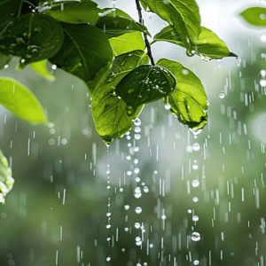 Green leaves on a tree branch with raindrops falling and rainwater droplets clinging to the leaves, set against a blurred natural background.
